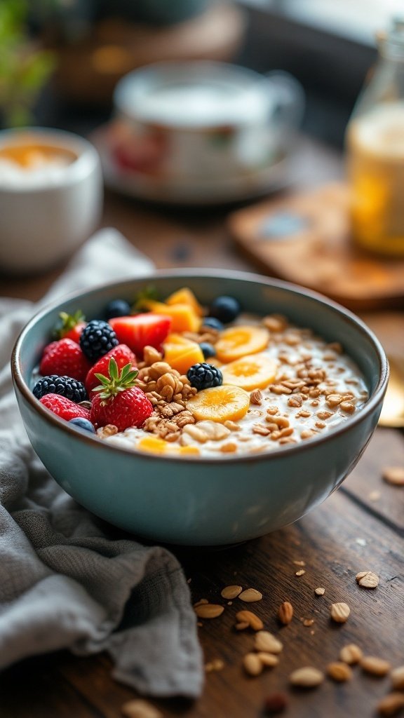 A bowl of overnight oats topped with fresh fruit and nuts