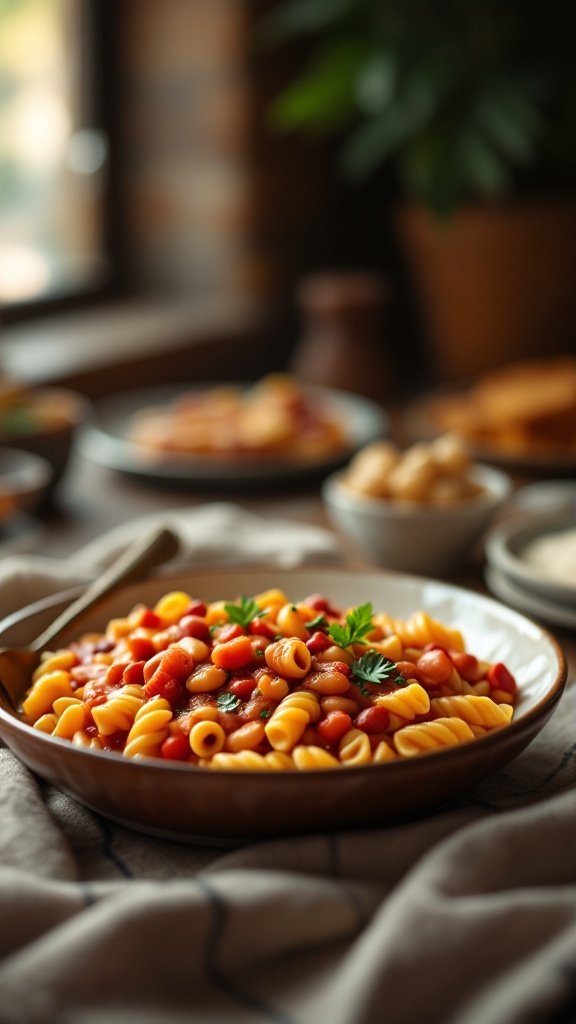 A delicious serving of pasta fagioli casserole with beans and cheese.