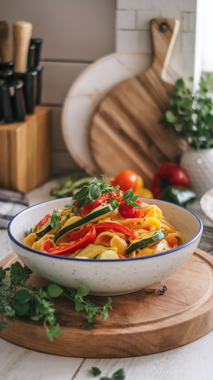 A vibrant bowl of Pasta Primavera with fresh vegetables and herbs.