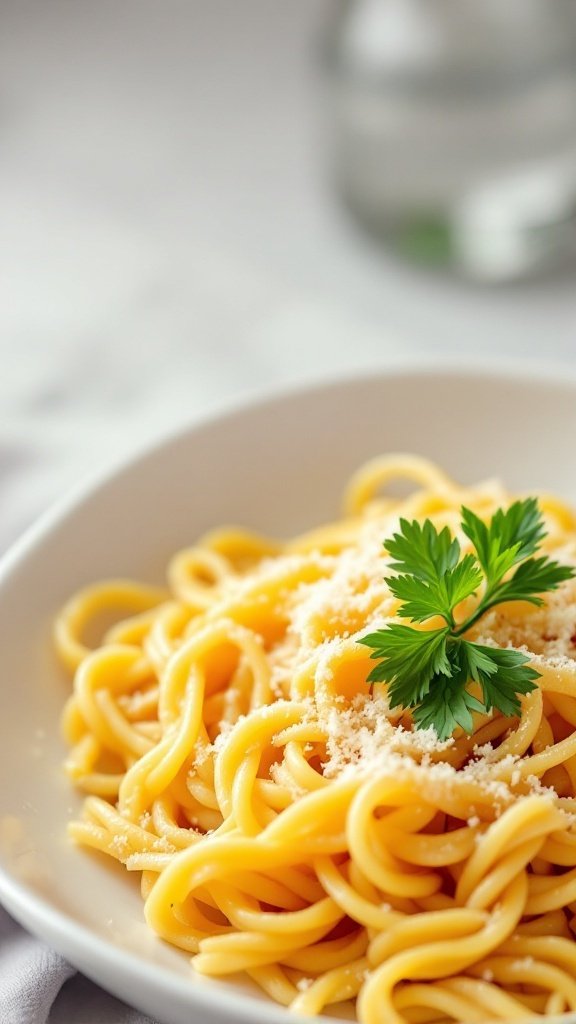 A bowl of pasta with butter and Parmesan cheese garnished with parsley.