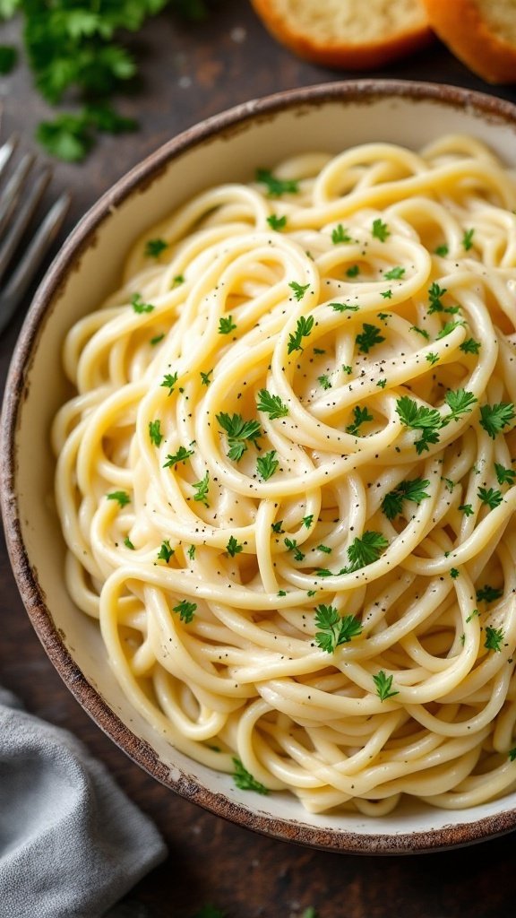 Bowl of pasta with creamy Alfredo sauce topped with parsley