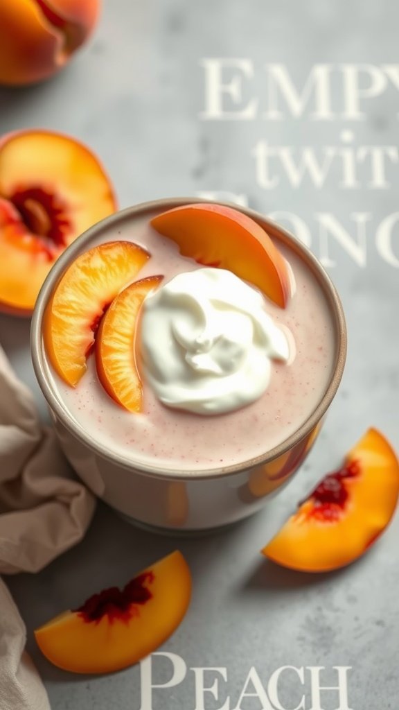 A creamy peach smoothie topped with peach slices.