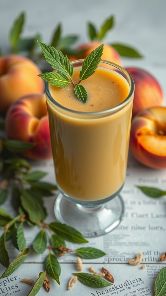 Glass of peach green tea smoothie with a sprig of mint