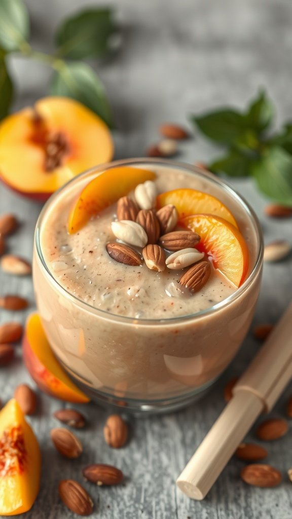 A delicious peachy almond yogurt smoothie topped with almonds and peach slices.