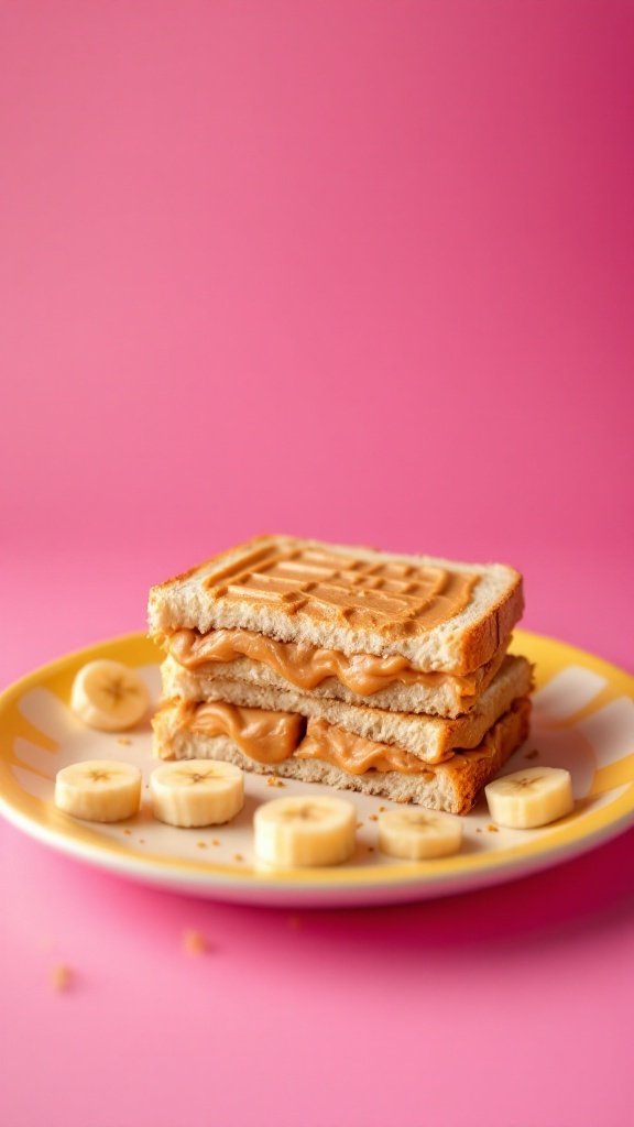 A stack of peanut butter and banana sandwiches on a plate with banana slices.