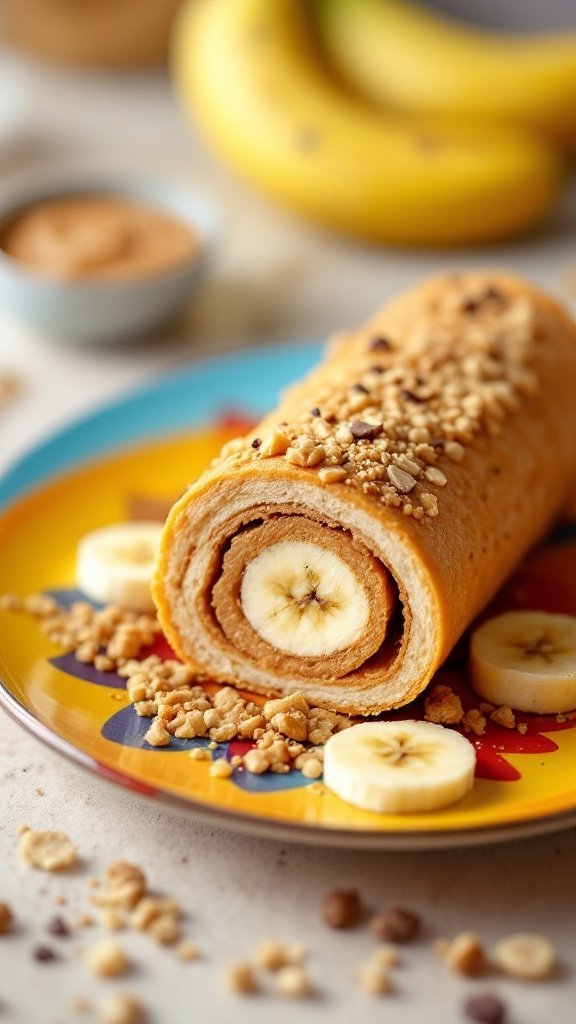 Delicious Peanut Butter Banana Roll-Ups with granola on top