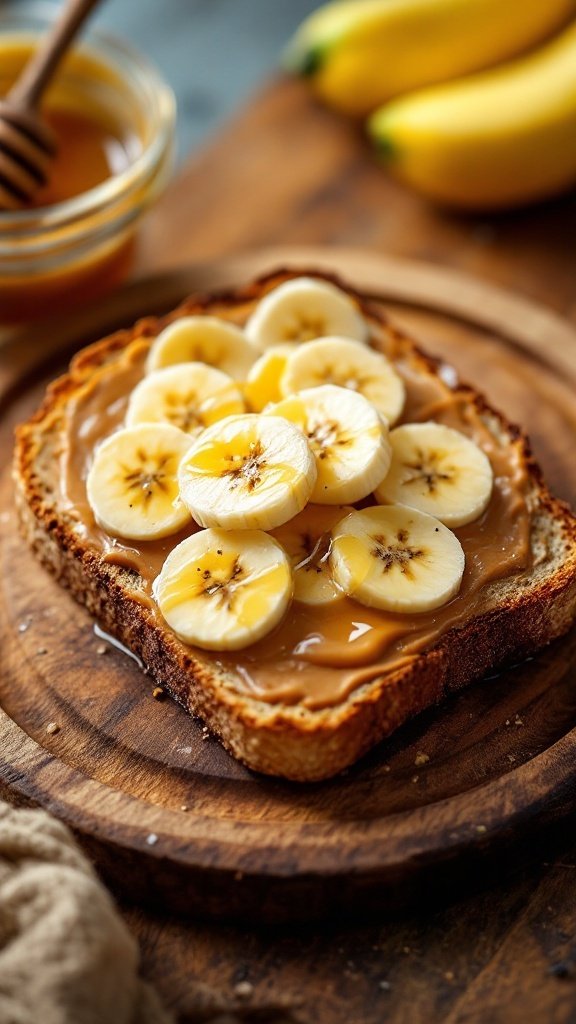 Peanut butter banana toast on wooden plate