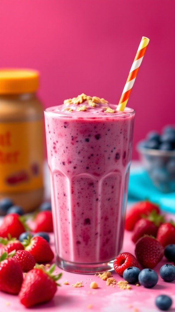A vibrant peanut butter berry smoothie in a glass with a straw, surrounded by fresh berries.