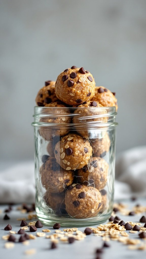 A jar filled with peanut butter energy balls, some scattered oats and chocolate chips around it.