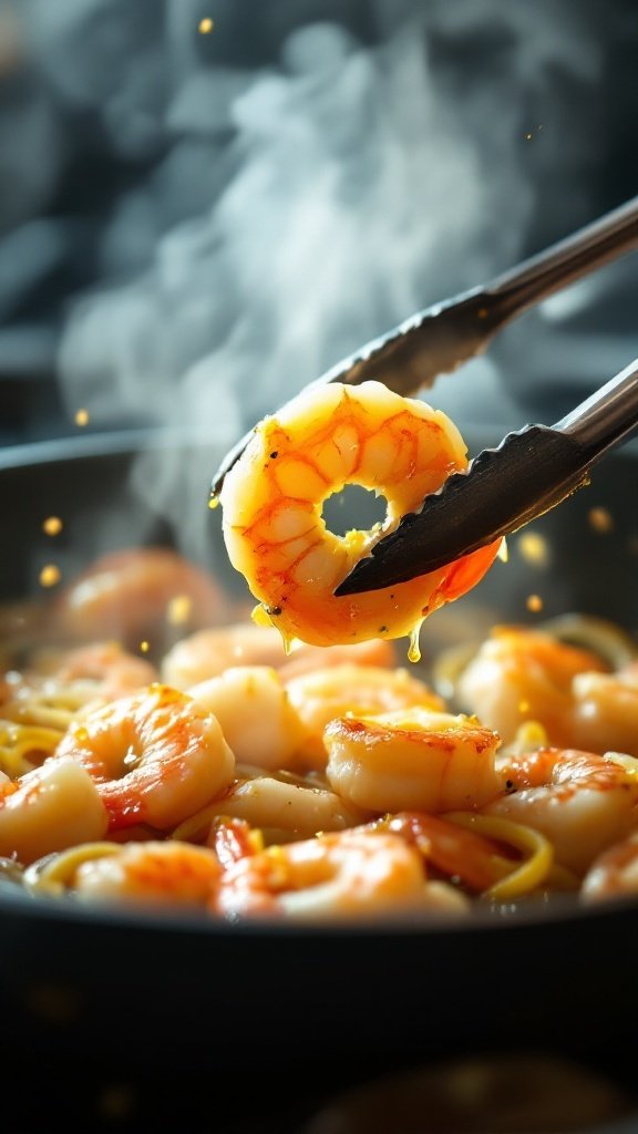 A close-up of shrimp being lifted from a pan, surrounded by pasta and steam.