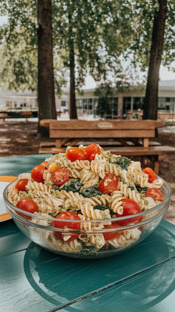 A bowl of colorful pesto chicken pasta salad with spinach and cherry tomatoes.