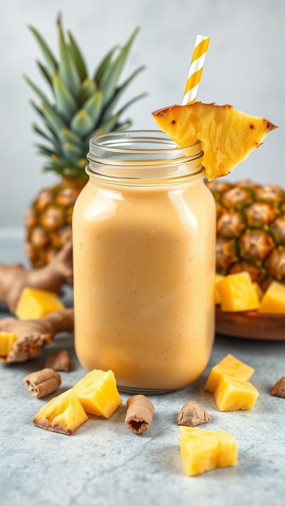A refreshing pineapple and ginger smoothie in a jar with a pineapple slice and straw