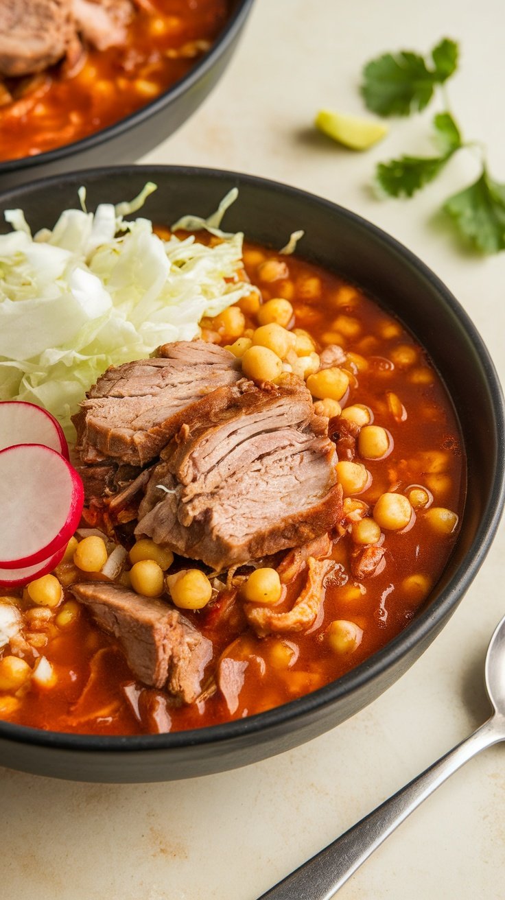 A bowl of Pozole Rojo with pork, hominy, and fresh toppings.