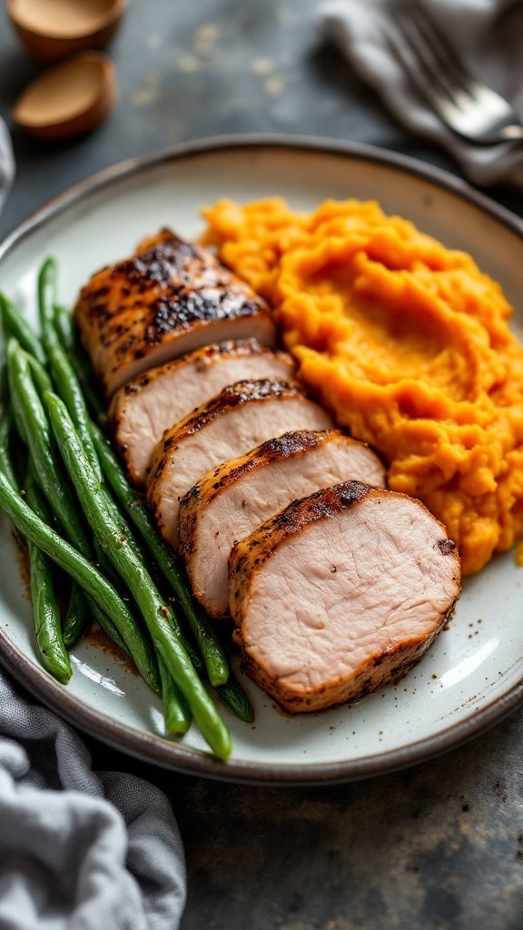 A plate of sliced pork tenderloin with sweet potato mash and green beans.
