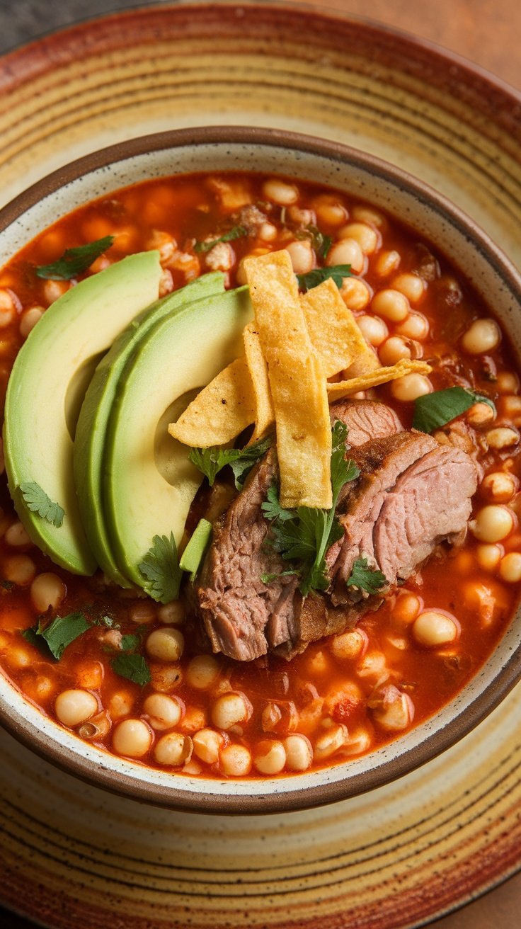 A bowl of Pozole Rojo featuring hominy, slices of avocado, tortilla strips, and pieces of meat in a vibrant red broth.