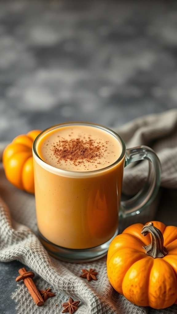 A pumpkin spice protein smoothie in a glass mug surrounded by small pumpkins and spices.