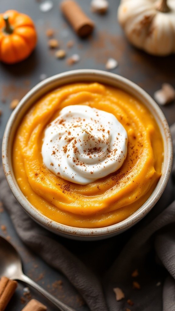 A bowl of creamy pumpkin spice pudding topped with whipped cream and sprinkled with spices.