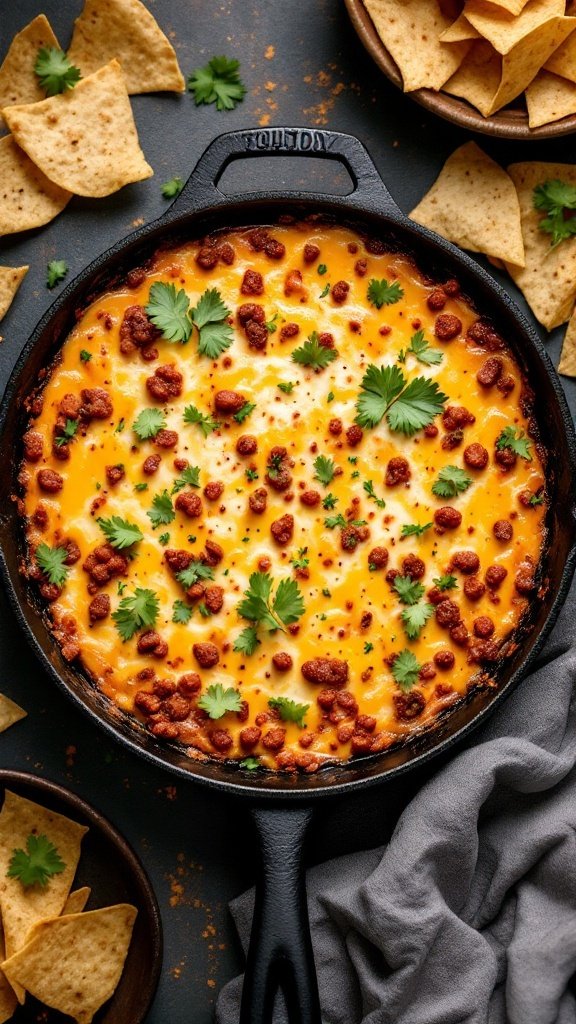 A skillet of melted queso fundido with chorizo, garnished with cilantro