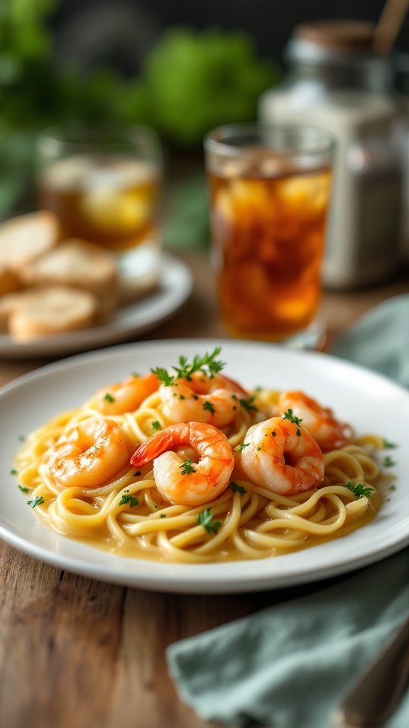 A plate of shrimp scampi with pasta garnished with parsley, accompanied by iced tea and bread.