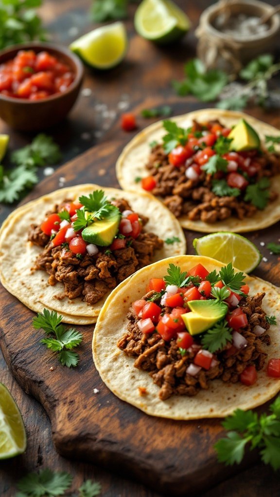 Delicious beef tacos garnished with fresh salsa and cilantro.