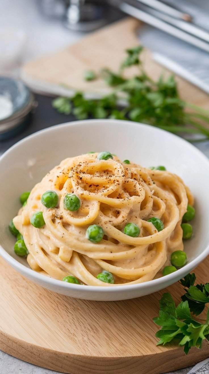 A bowl of creamy carbonara pasta with peas, garnished with parsley.