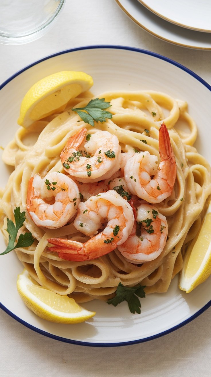 A plate of shrimp scampi linguine garnished with lemon wedges and parsley