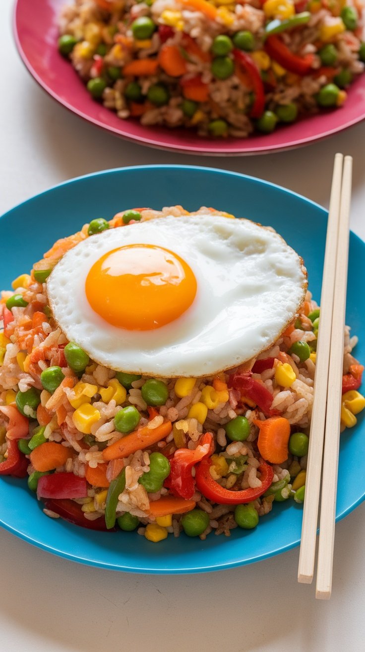 A colorful plate of vegetable fried rice topped with a sunny-side-up egg, served with chopsticks.