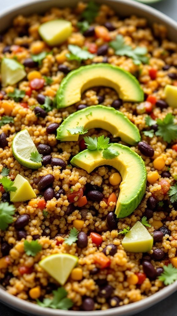 A colorful quinoa and black bean casserole topped with avocado slices and lime.