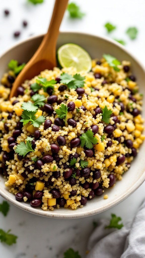 A bowl of quinoa and black bean salad with lime and cilantro garnish.