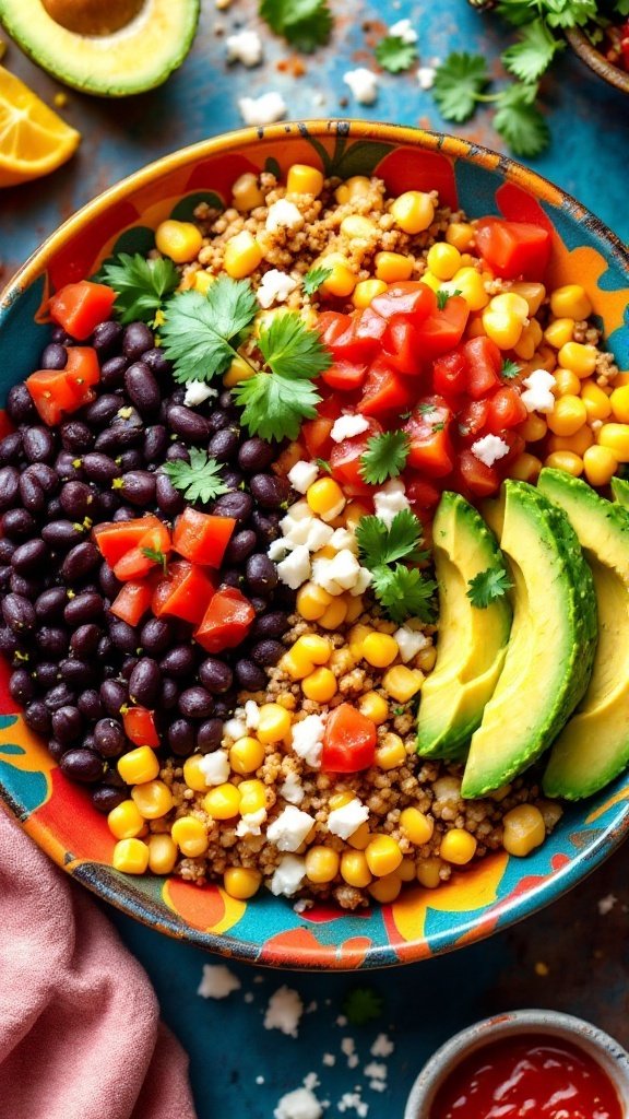 A vibrant quinoa taco bowl with black beans, corn, diced tomatoes, avocado slices, and topped with feta and cilantro.