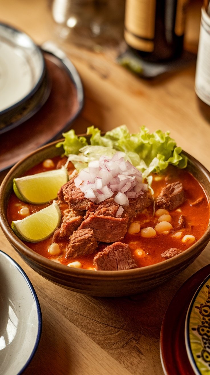 A bowl of Red Beef Pozole topped with onions, lettuce, and lime