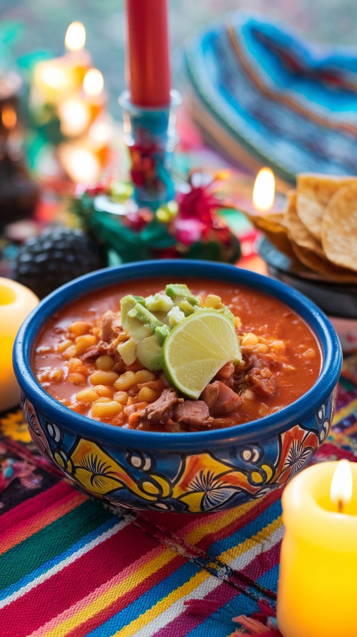 A bowl of Red Posole topped with avocado and lime, surrounded by candles and festive decorations.