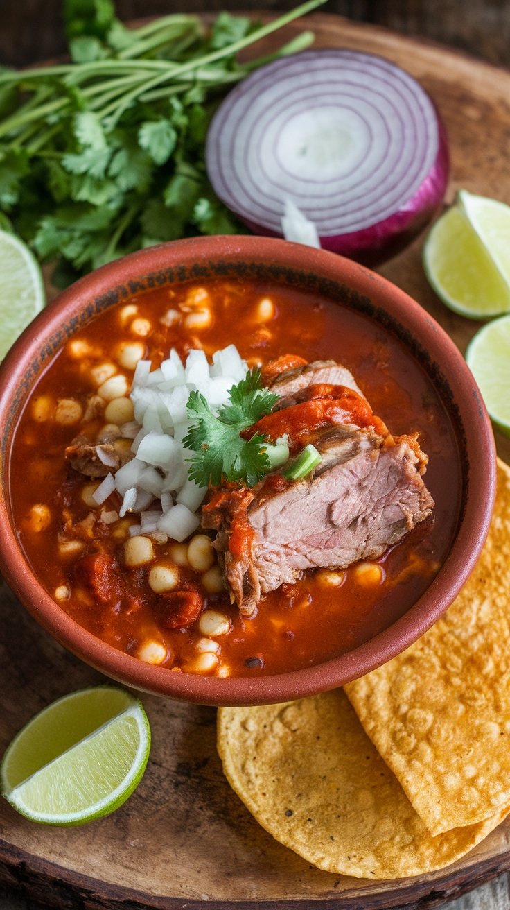 A bowl of red pozole with meat, hominy, and toppings