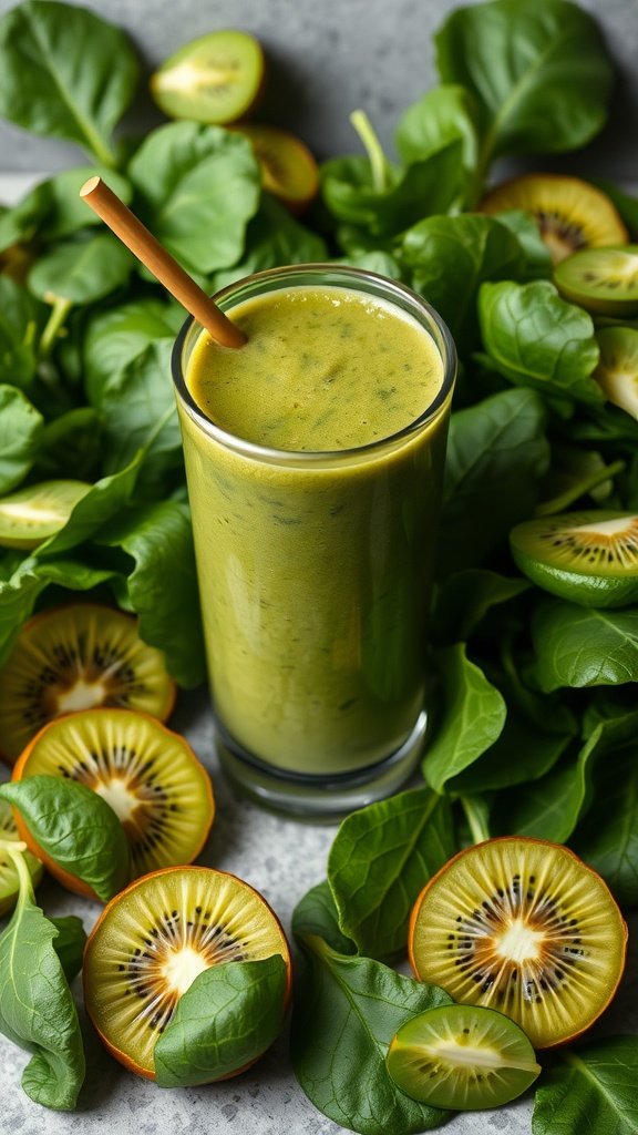 A green smoothie made with spinach and kiwi
