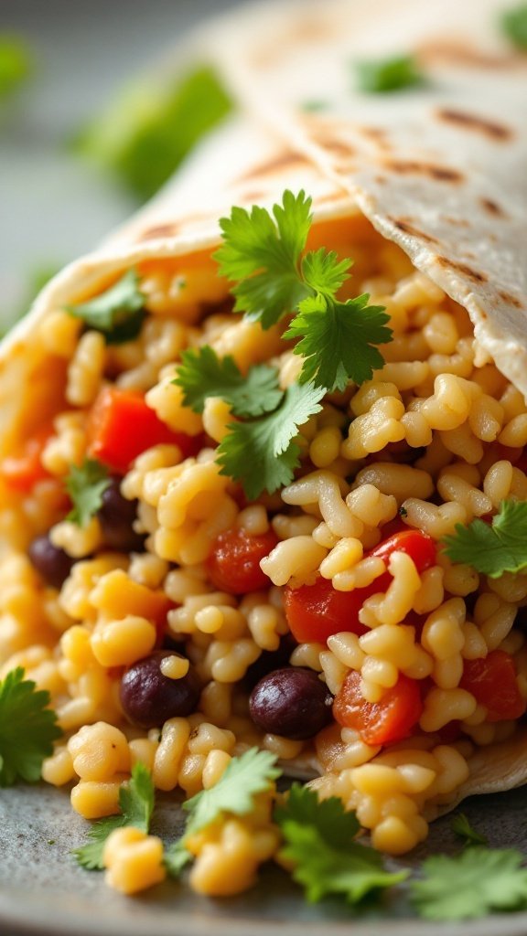 Delicious rice and bean burrito wrapped in tortilla with fresh cilantro.
