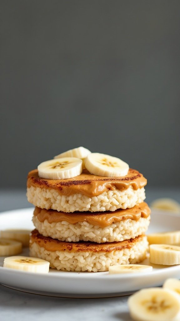 Rice cakes stacked with nut butter and banana slices.