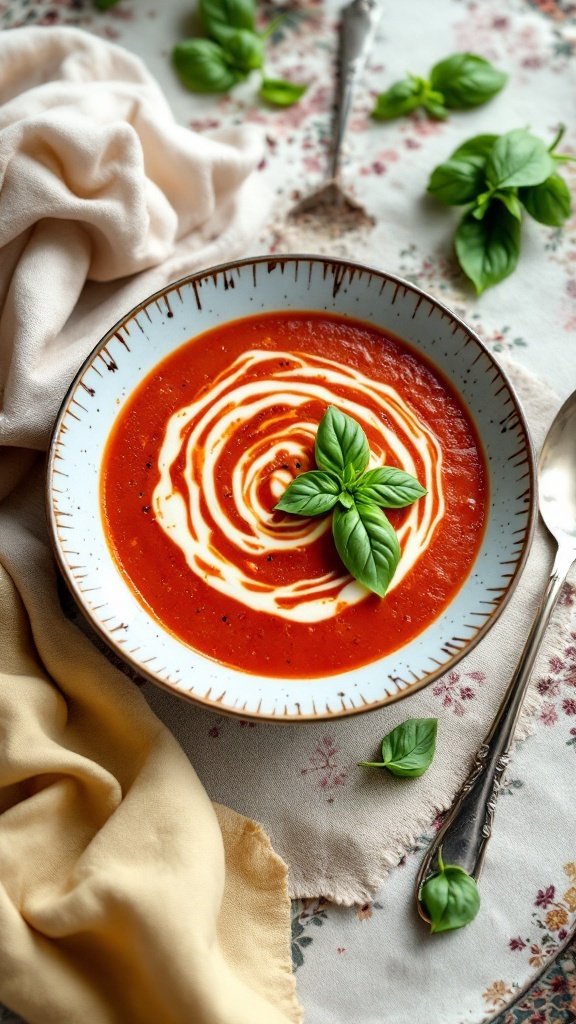 Bowl of creamy roasted red pepper and tomato soup garnished with basil leaves and a swirl of cream.