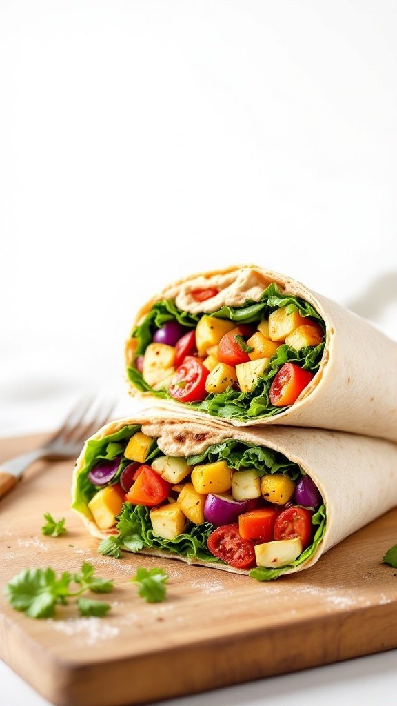 A delicious roasted vegetable and hummus wrap with vibrant ingredients.