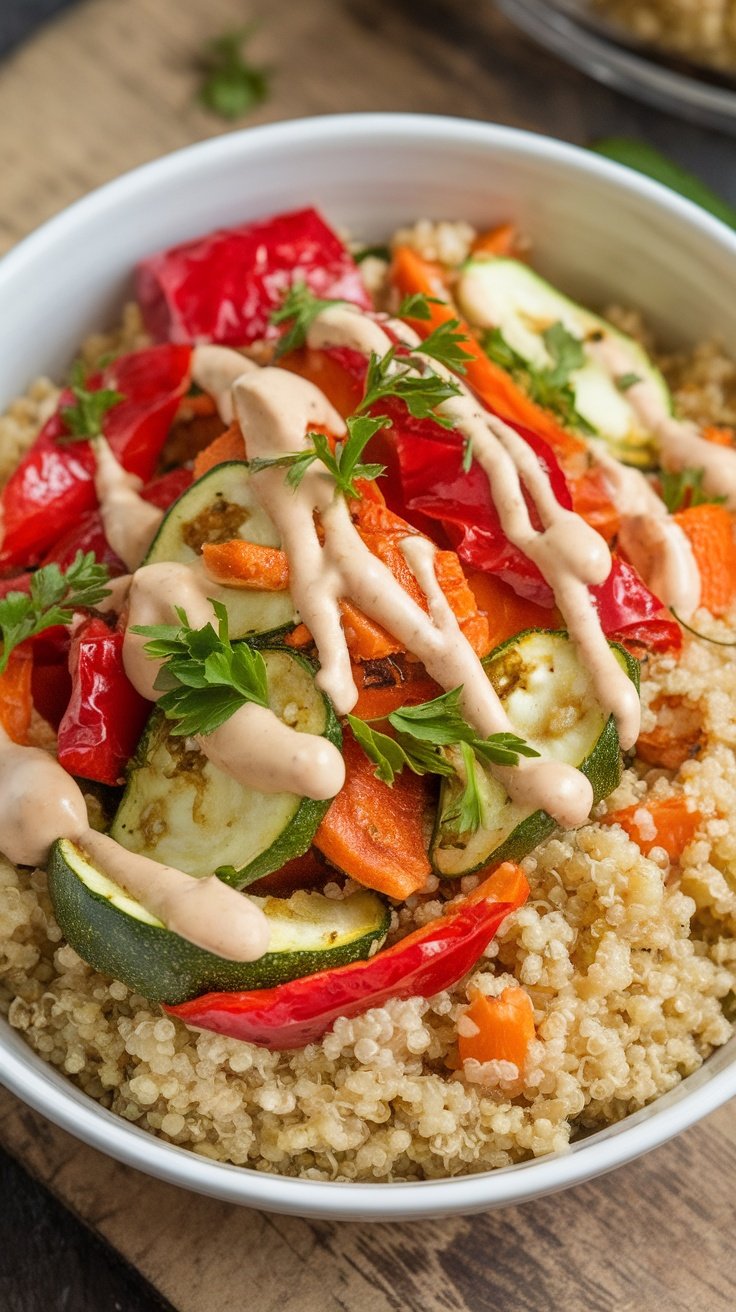 A healthy roasted vegetable quinoa bowl topped with tahini sauce and fresh parsley.