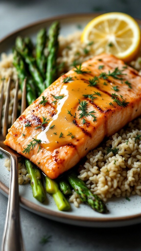 Salmon with Lemon-Dill Sauce served with asparagus and quinoa