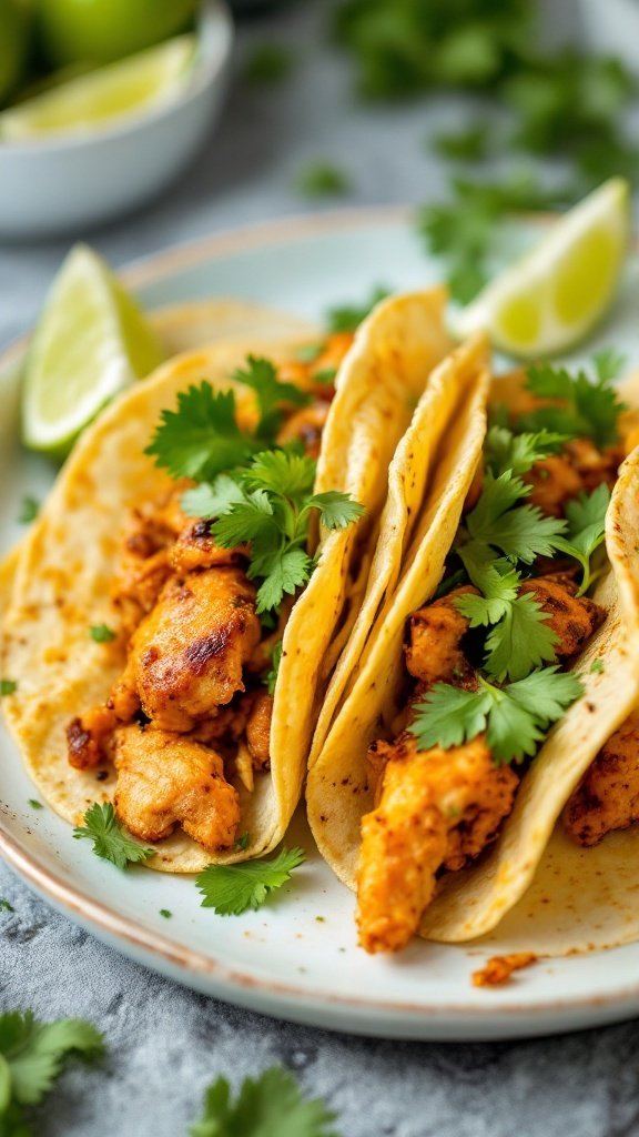A plate of delicious salsa verde chicken tacos topped with fresh cilantro and lime wedges.