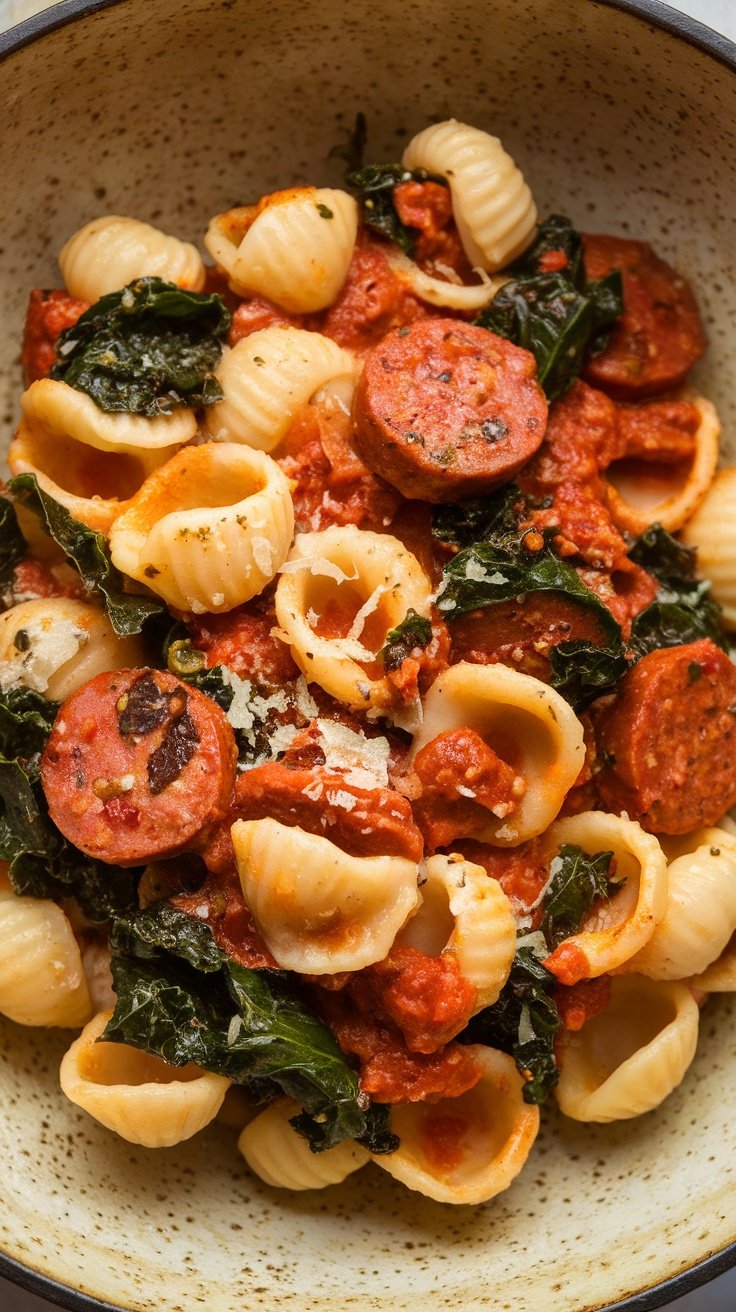 A bowl of orecchiette pasta with sausage and kale, topped with grated cheese.