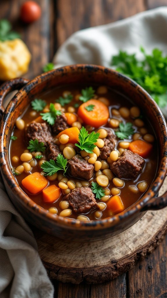 A bowl of hearty beef and barley soup garnished with parsley and vegetables.