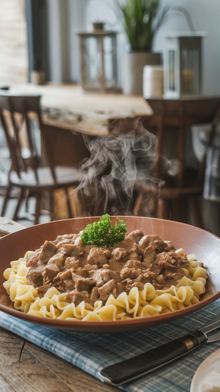 A comforting dish of beef stroganoff served over egg noodles, garnished with parsley.