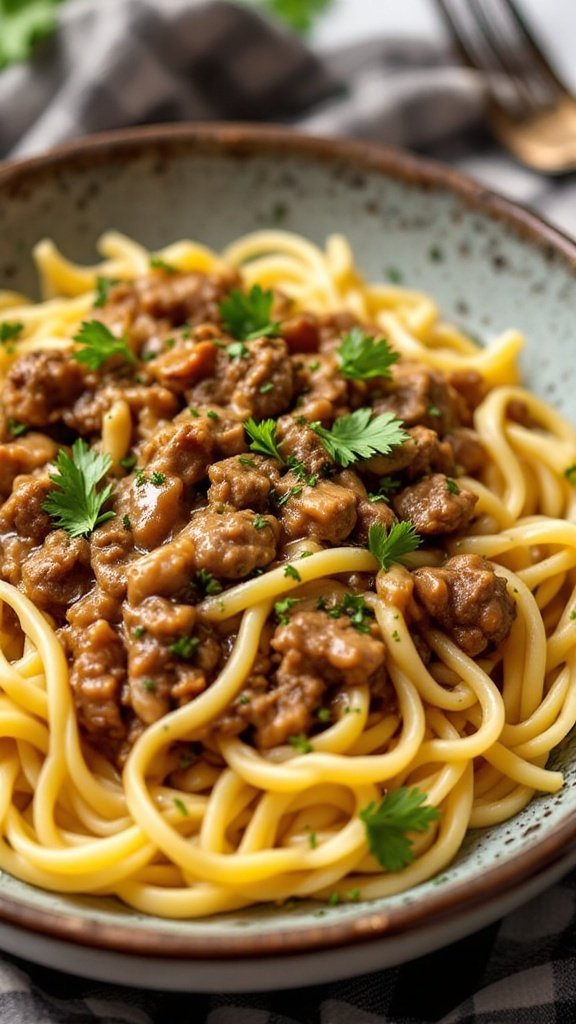 A bowl of beef stroganoff served over egg noodles, garnished with fresh parsley.