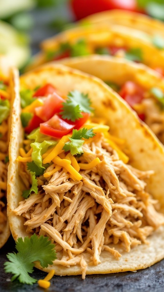 Savory chicken tacos with shredded chicken, cheese, and fresh toppings.