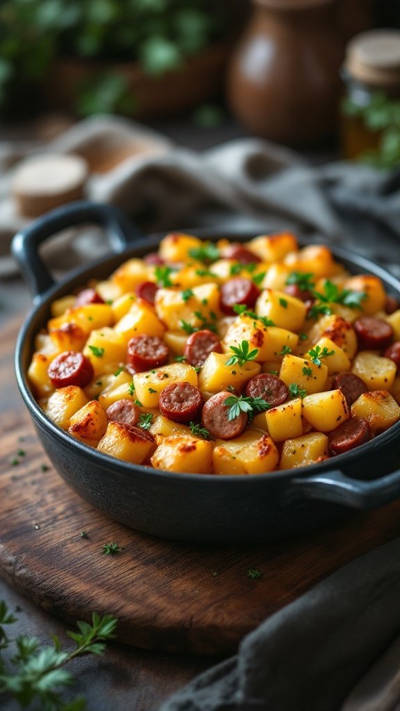 A savory sausage and potato casserole with diced potatoes and sliced sausage topped with fresh parsley.