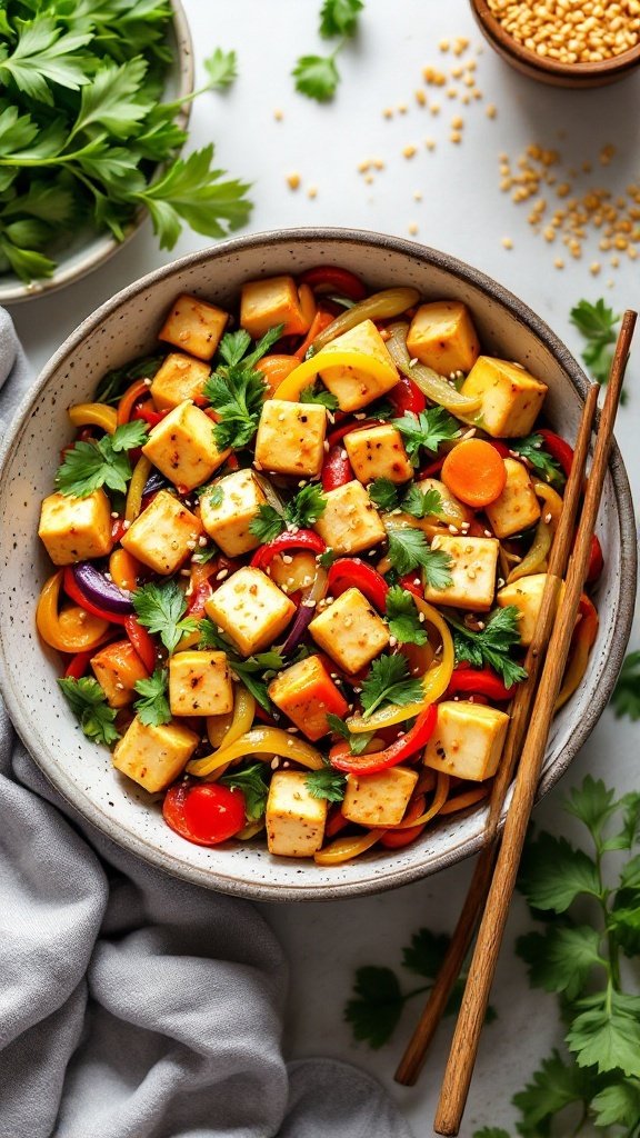 A colorful bowl of vegetable stir-fry with cubed tofu, garnished with cilantro.