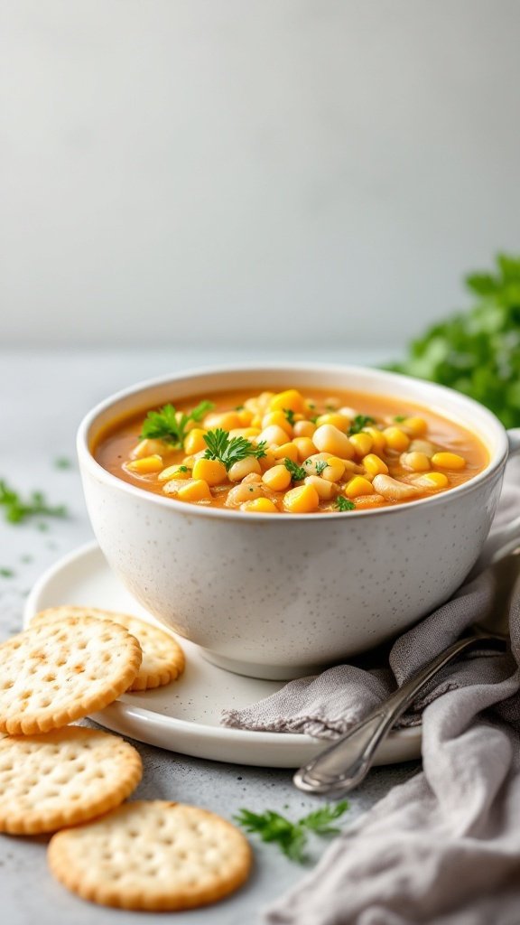 A bowl of seafood chowder with corn, garnished with parsley and served with crackers.