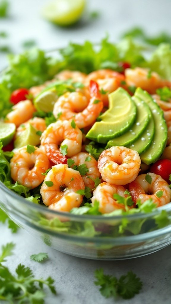 A bowl of shrimp and avocado salad with mixed greens, tomatoes, and cilantro.